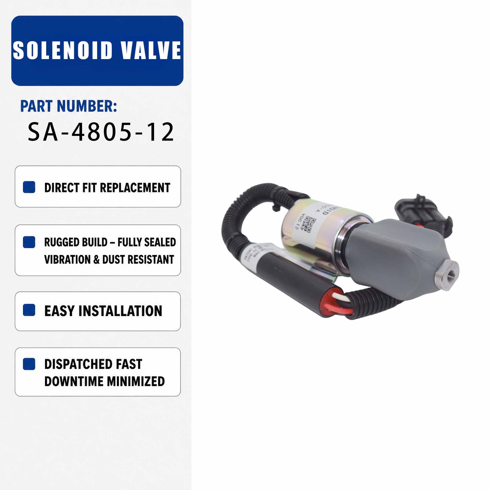 12V Solenoid Valve SA-4805-12 For Kubota KX101 KX151 B1550 KX161-2 R410 L2550
